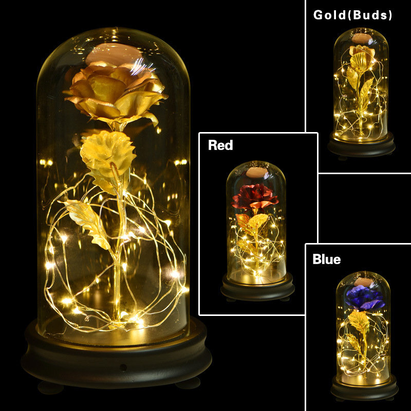 
	Gold Foil Decoration Flowers Red Golden Eternal Rose with LED Light in Glass Dome Gifts