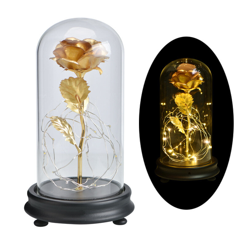 
	Gold Foil Decoration Flowers Red Golden Eternal Rose with LED Light in Glass Dome Gifts