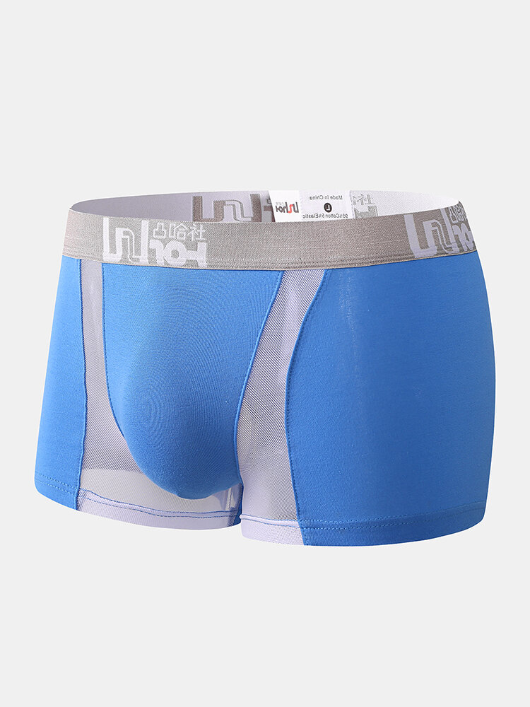 
	Mens Solid Color Patchwork Mesh Breathable Boxer Briefs Letter Waistband Underwear