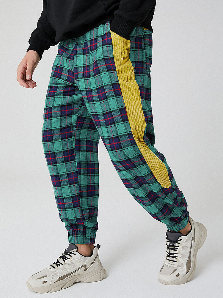 
	Mens 100% Cotton Check Side Patchwork Casual Drawstring Jogger Pants