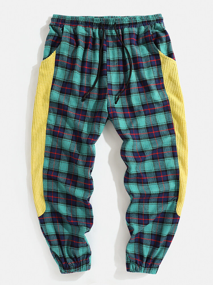 
	Mens 100% Cotton Check Side Patchwork Casual Drawstring Jogger Pants