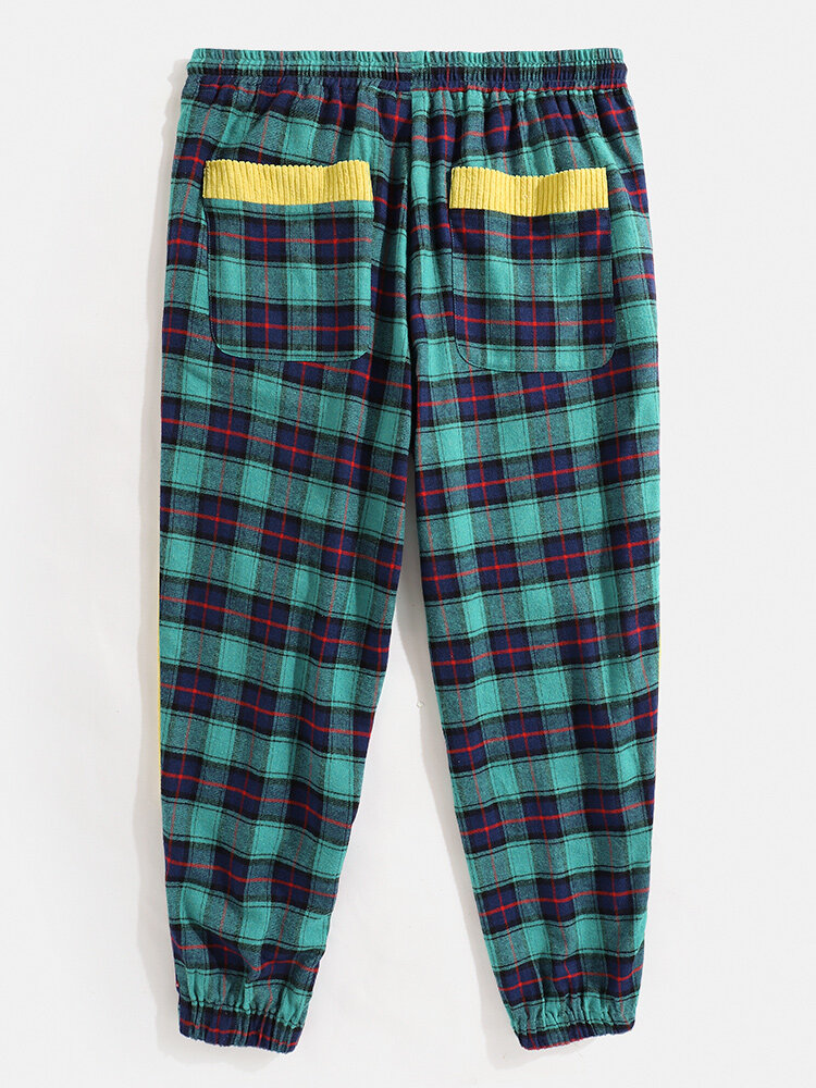 
	Mens 100% Cotton Check Side Patchwork Casual Drawstring Jogger Pants