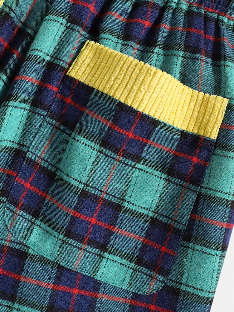 
	Mens 100% Cotton Check Side Patchwork Casual Drawstring Jogger Pants