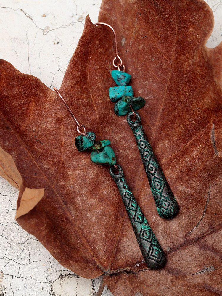 
	Ethnic Turquoise Women Long Earrings Vintage Geometric Pattern Engraved Piering Drop Dangle Earrings