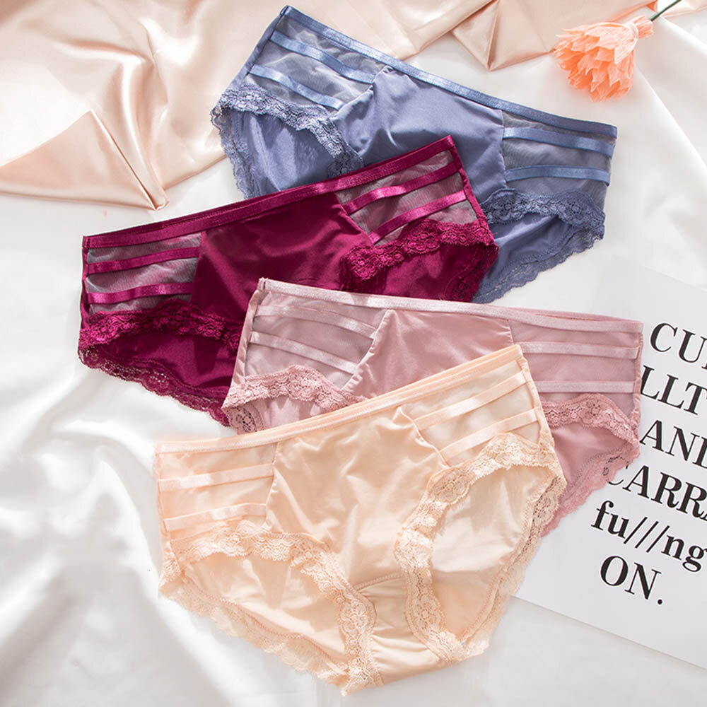 
	Lace-trim Ice Silk Seamless Breathable Mid Waisted Panties