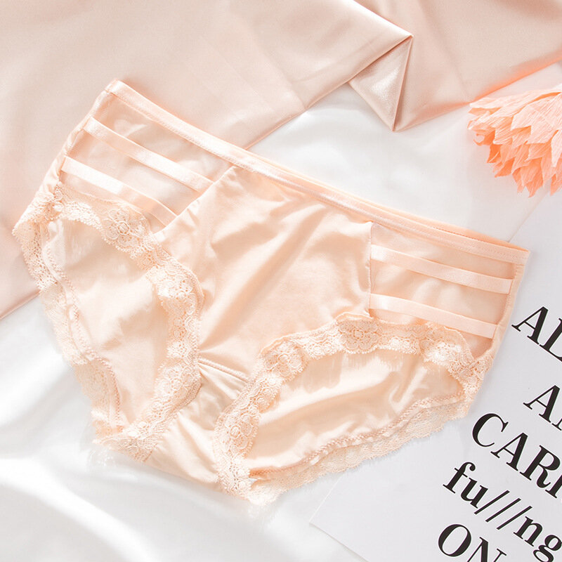 
	Lace-trim Ice Silk Seamless Breathable Mid Waisted Panties