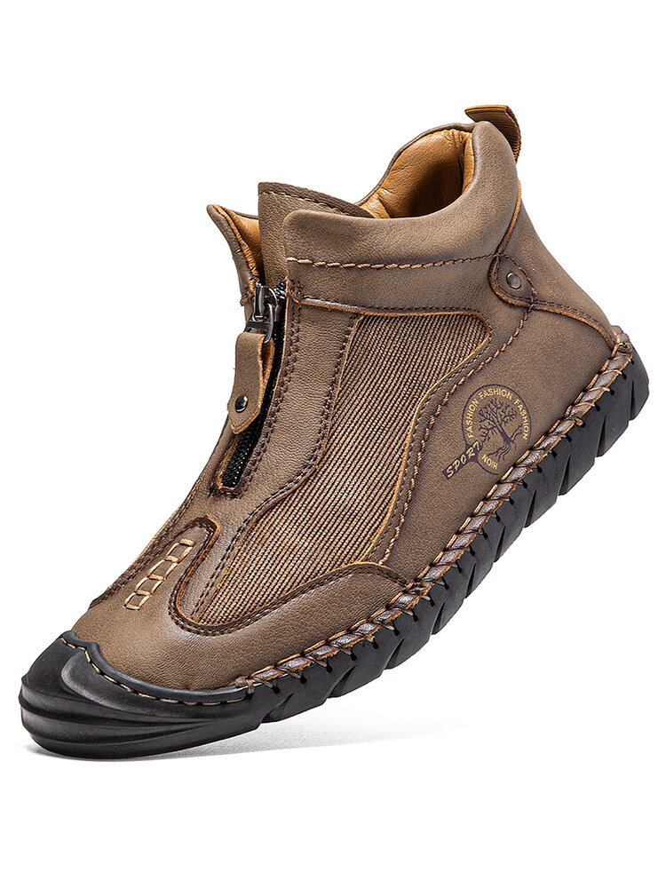 
	Men Hand Stitching Front-Zipper Corduroy Splicing Ankle Boots