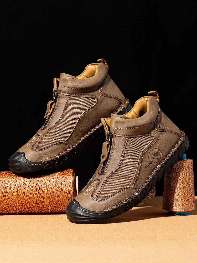 
	Men Hand Stitching Front-Zipper Corduroy Splicing Ankle Boots