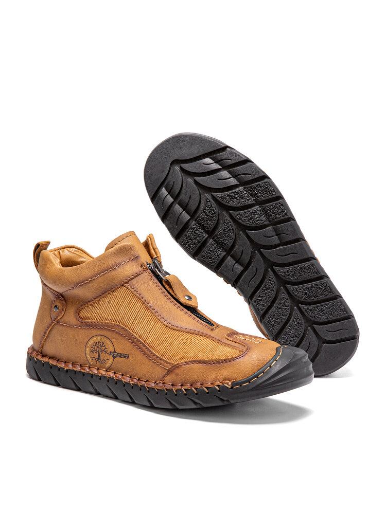 
	Men Hand Stitching Front-Zipper Corduroy Splicing Ankle Boots