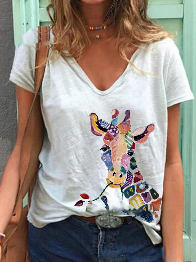 
	Giraffe Printed Short Sleeve V-neck T-shirt For Women