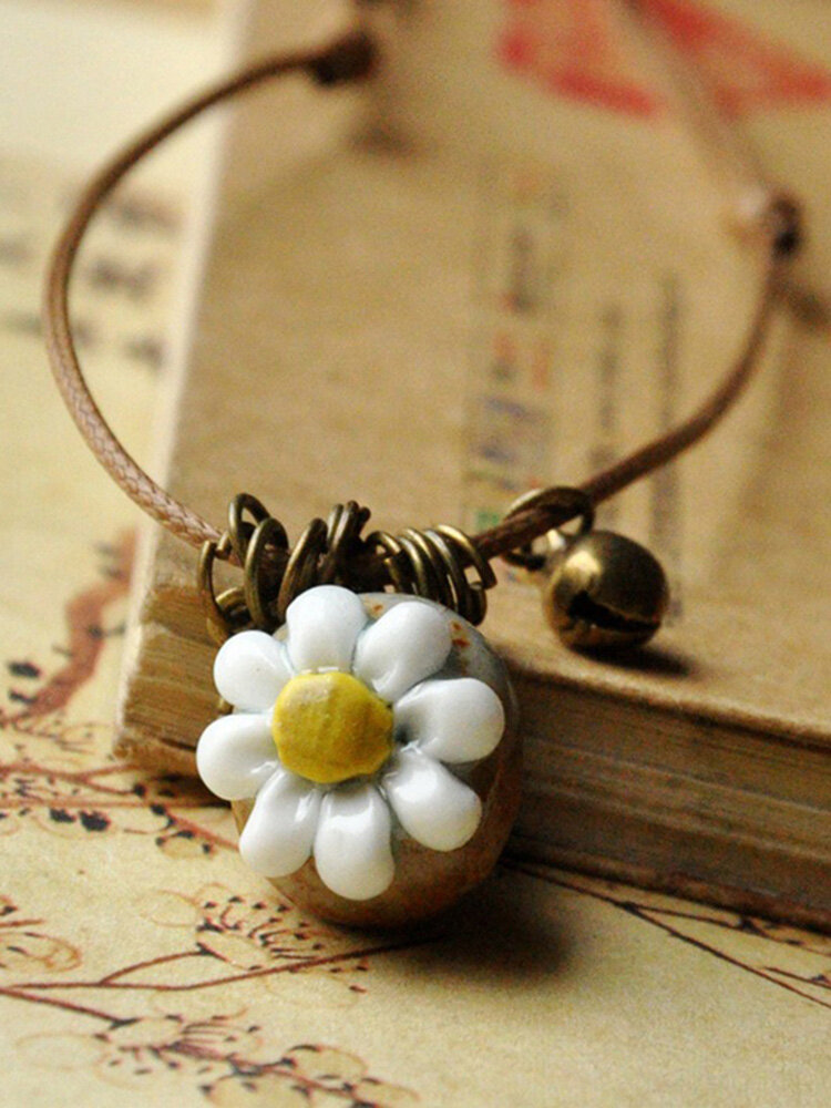 
	Vintage Geometric Stereoscopic Flower Pendant Necklace Ethnic Handmade Ceramic Long Necklace