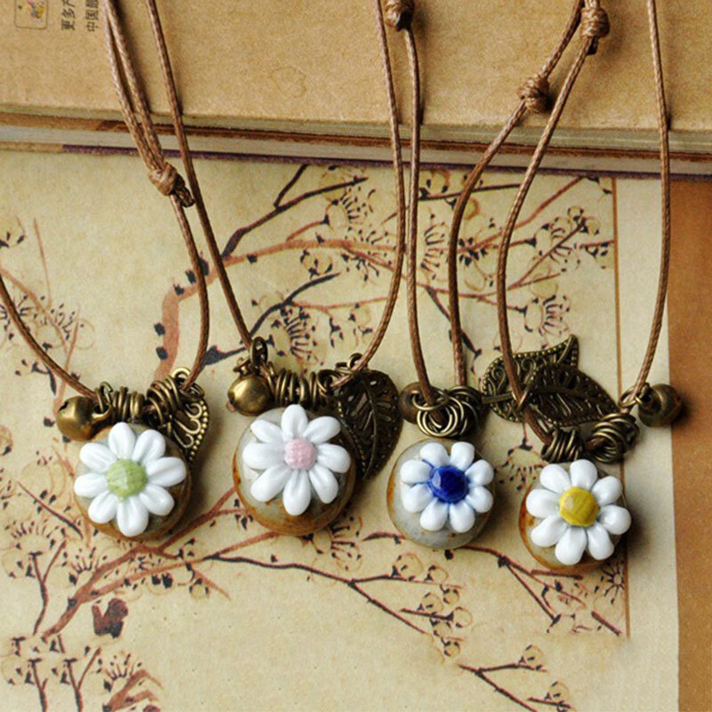 
	Vintage Geometric Stereoscopic Flower Pendant Necklace Ethnic Handmade Ceramic Long Necklace