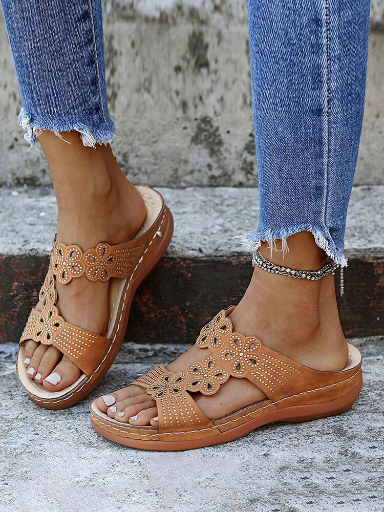 
	Women Rhinestone Carved Hollow Slippers Comfy Slip On Casual Wedges Sandals