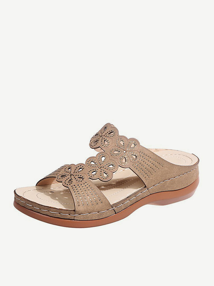 
	Women Rhinestone Carved Hollow Slippers Comfy Slip On Casual Wedges Sandals