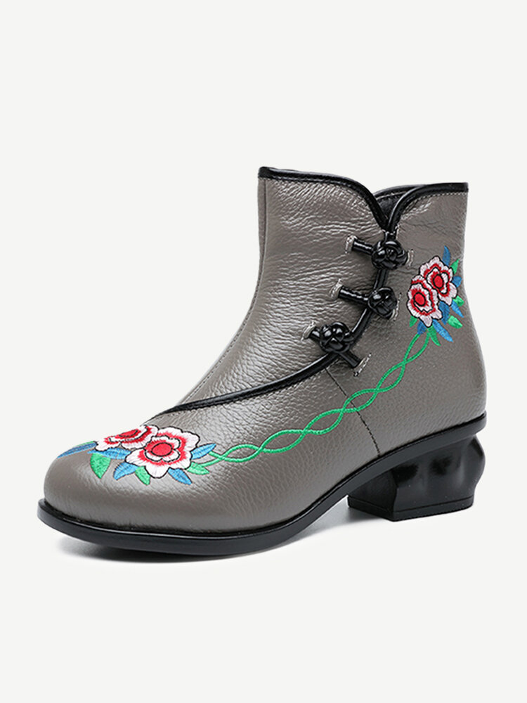 
	Embroidered Folkways Mid Heel Leather Frog Buttons Boots