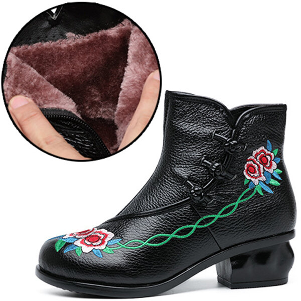 
	Embroidered Folkways Mid Heel Leather Frog Buttons Boots