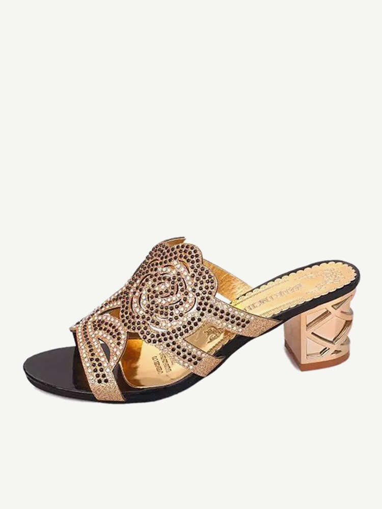
	Rose Floral Rhinestone Beaded Crystal Peep Toe Hollow Out Slip On Slippers