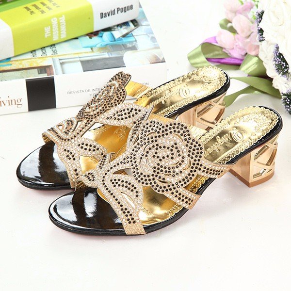 
	Rose Floral Rhinestone Beaded Crystal Peep Toe Hollow Out Slip On Slippers