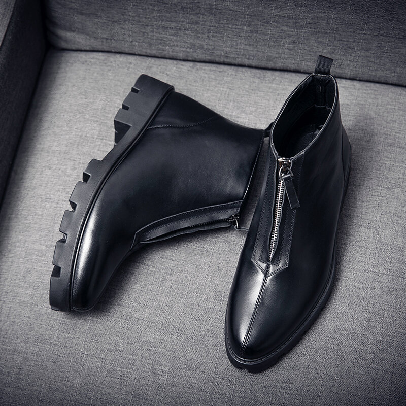 
	Men Front Zipper Comfy Wear-resistant Black Leather Ankle Boots