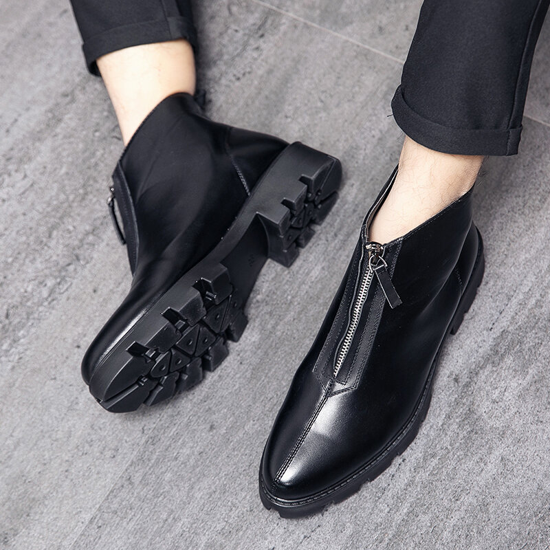 
	Men Front Zipper Comfy Wear-resistant Black Leather Ankle Boots