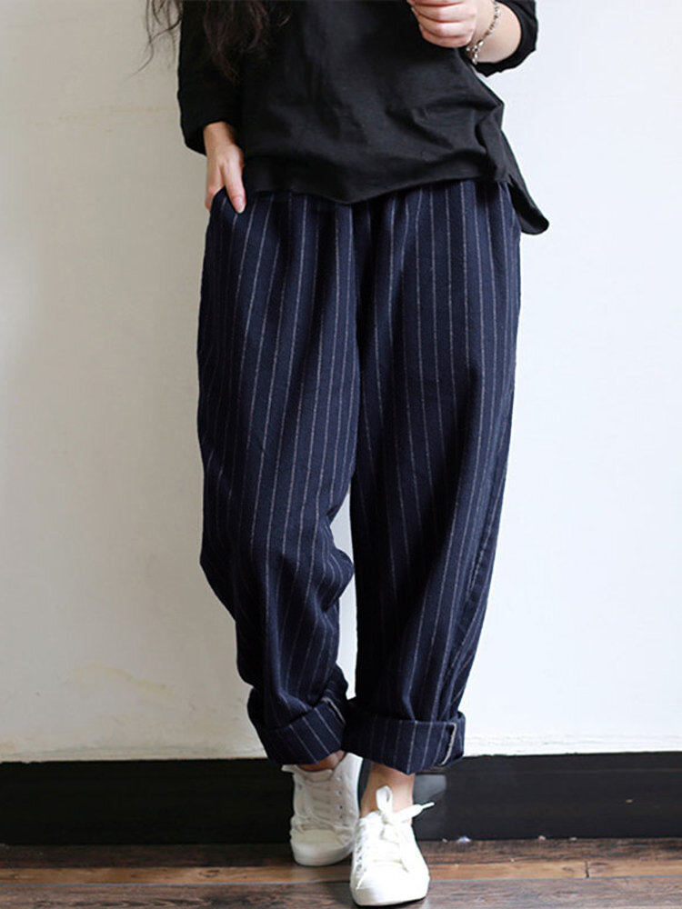 
	Vintage Stripes Pockets Elastic Waist Loose Pants
