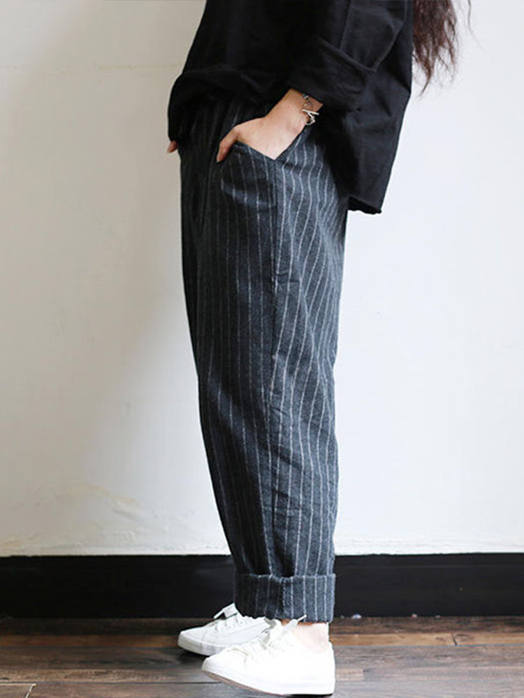
	Vintage Stripes Pockets Elastic Waist Loose Pants