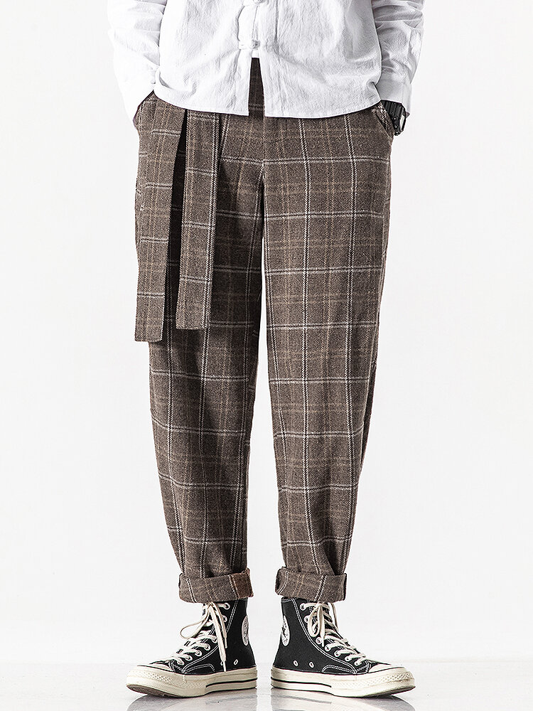 
	Mens Plaid Vintage Zipper Fly Belted Casual Pants