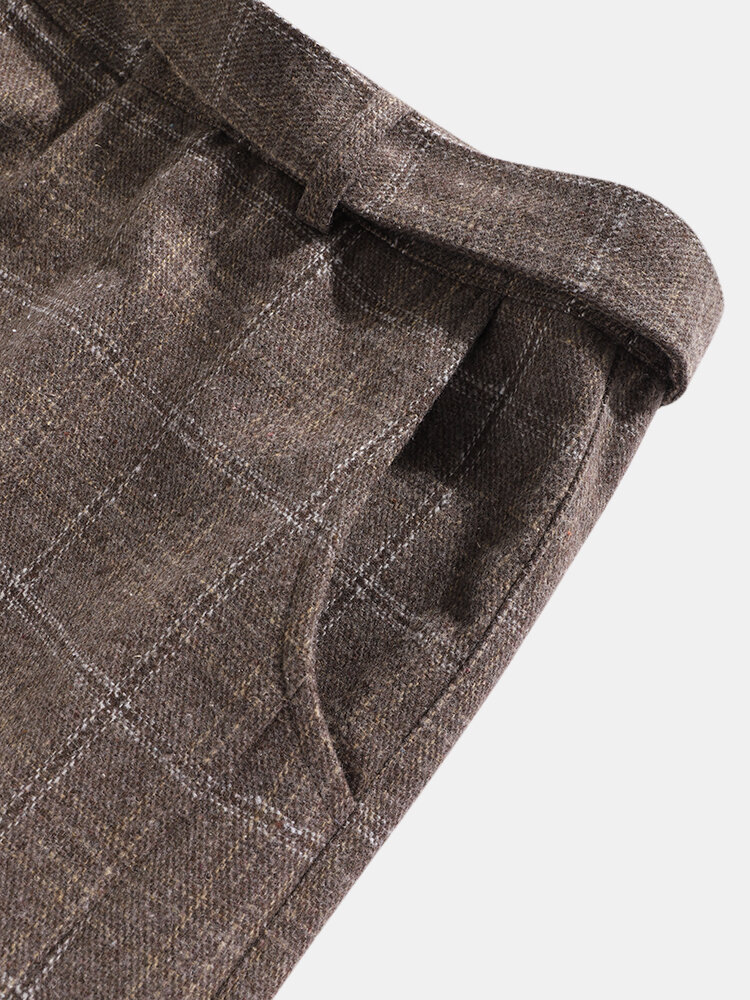 
	Mens Plaid Vintage Zipper Fly Belted Casual Pants