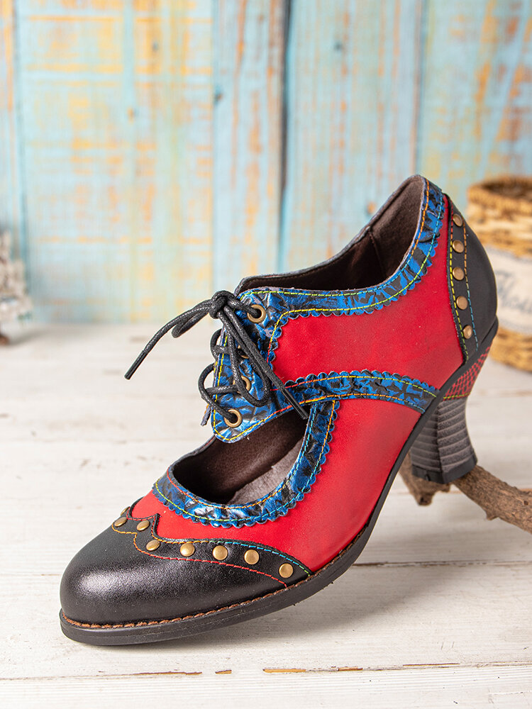 
	SOCOFY Splicing Color Block Rivet Leather Lace Up Comfy Round Toe Casual Hollow Out Heels Pumps