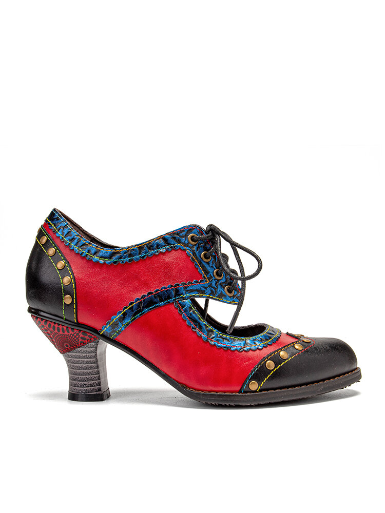 
	SOCOFY Splicing Color Block Rivet Leather Lace Up Comfy Round Toe Casual Hollow Out Heels Pumps