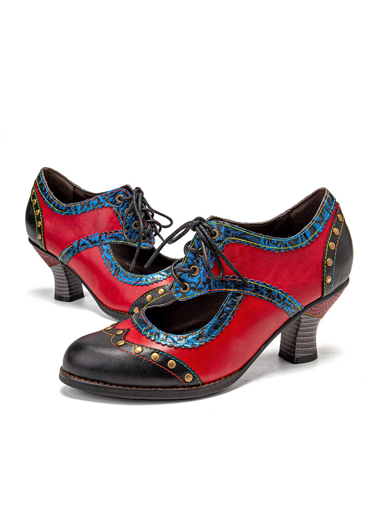 
	SOCOFY Splicing Color Block Rivet Leather Lace Up Comfy Round Toe Casual Hollow Out Heels Pumps