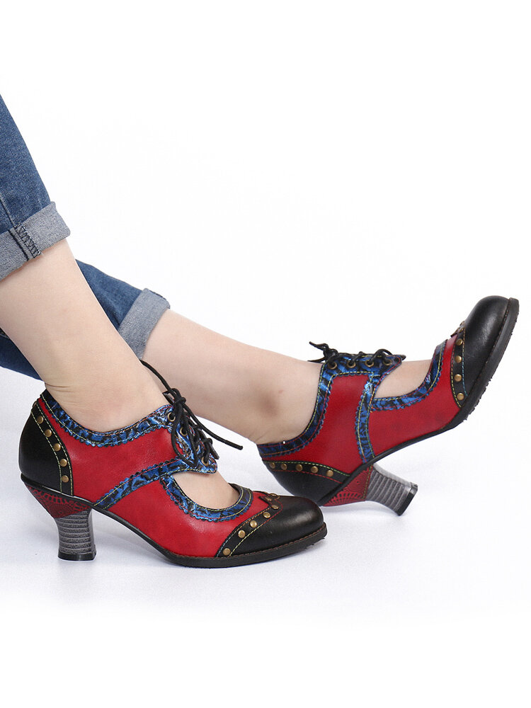 
	SOCOFY Splicing Color Block Rivet Leather Lace Up Comfy Round Toe Casual Hollow Out Heels Pumps