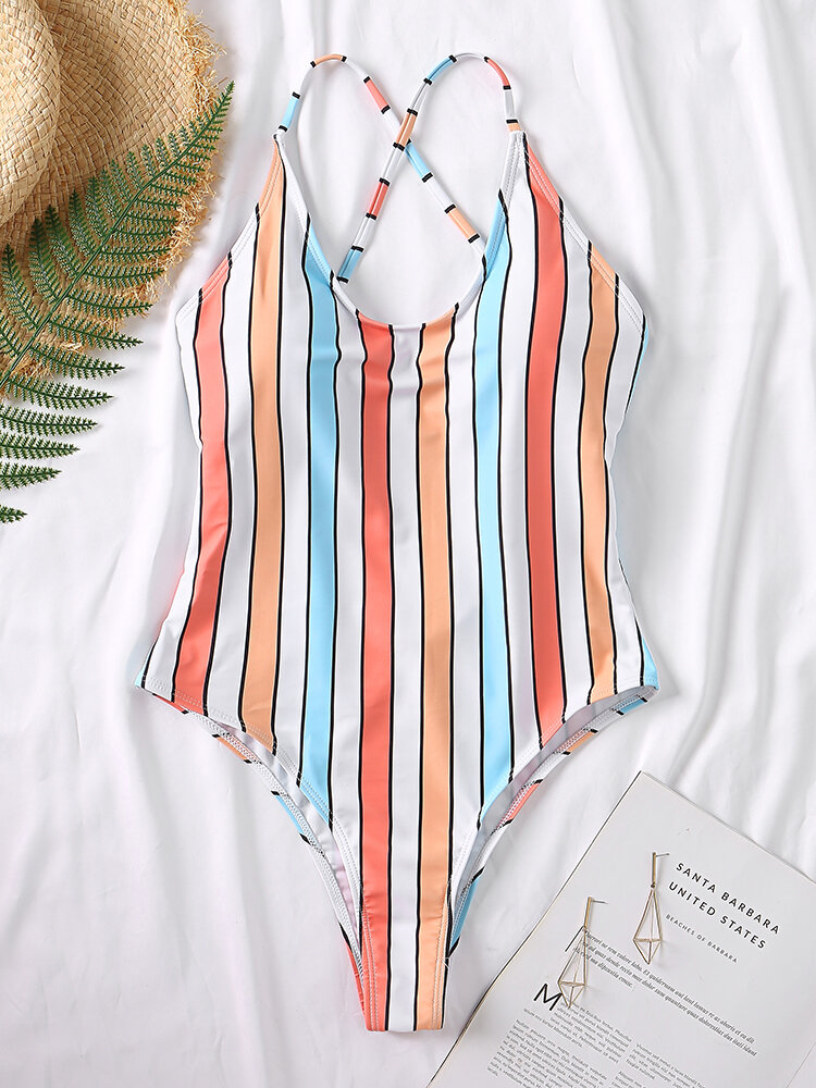
	Women Colorful Stripe Criss Cross Backless One Piece Slimming Swimsuit