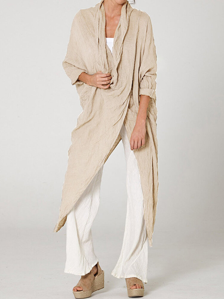 
	Vintage Long Sleeve Pile Collar Asymmetrical Long Blouse