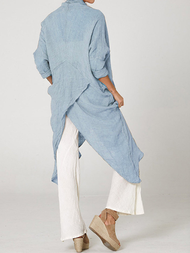 
	Vintage Long Sleeve Pile Collar Asymmetrical Long Blouse