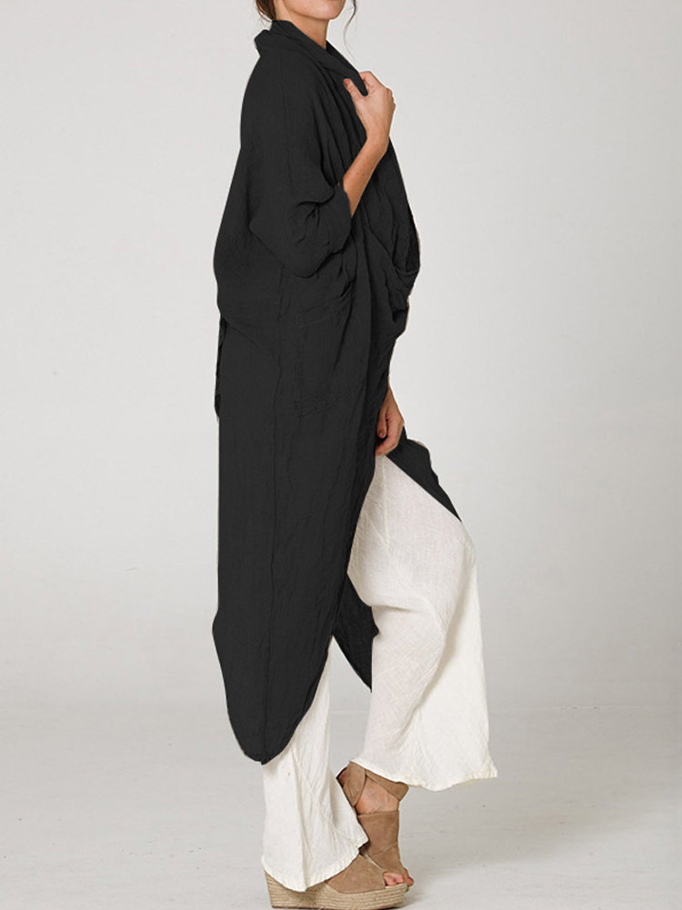 
	Vintage Long Sleeve Pile Collar Asymmetrical Long Blouse