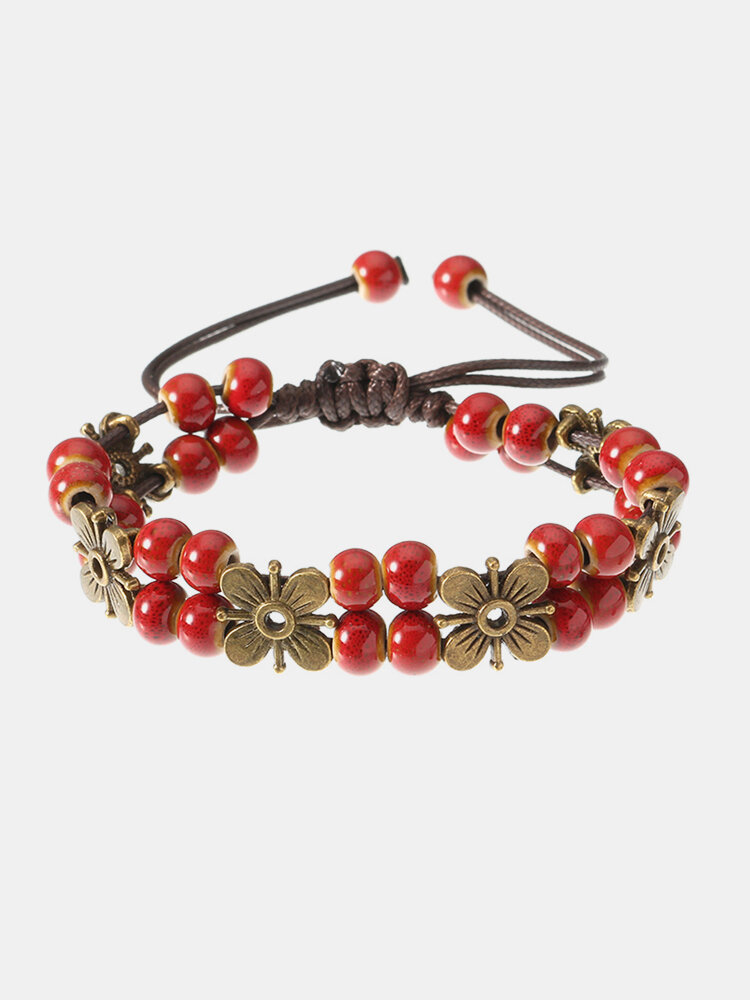 
	Women&rsquo;s Ethnic Bracelet Flower Ceramics Beads Retro Rope Bracelet