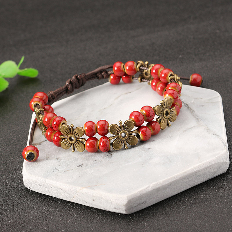 
	Women&rsquo;s Ethnic Bracelet Flower Ceramics Beads Retro Rope Bracelet