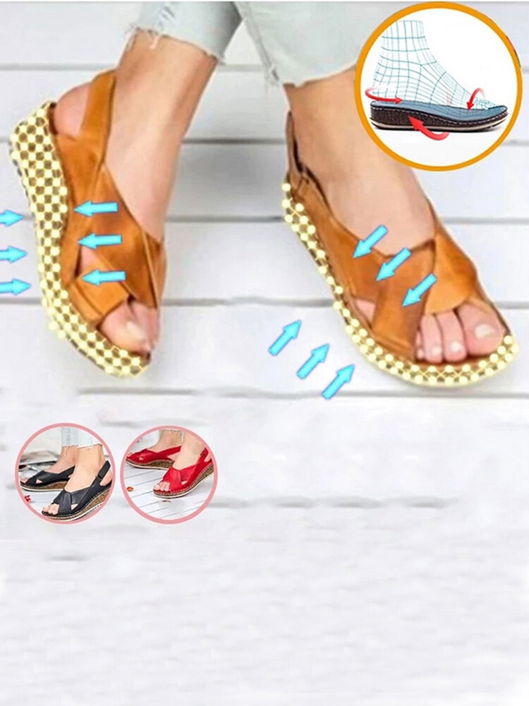 
	Plus Size Women Back Strap Hook Loop Comfy Peep Toe Casual Wedges Sandals