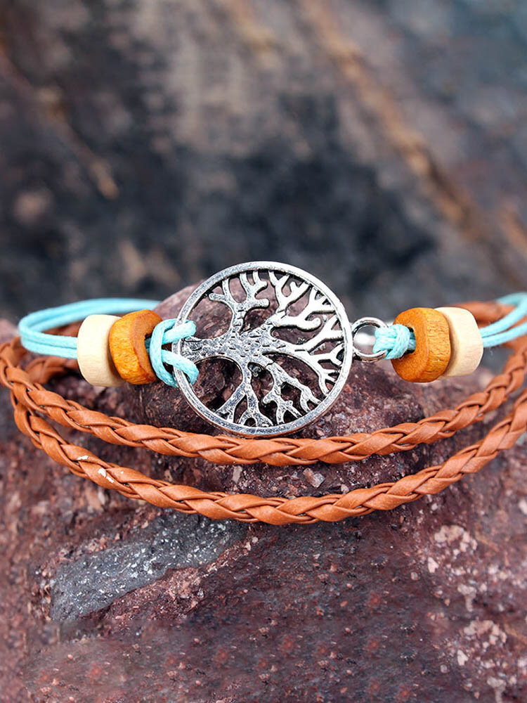 
	Vintage Tree of Life Charm Bracelet Wax Rope Wood Bead Adjustable Bracelets for Women Men