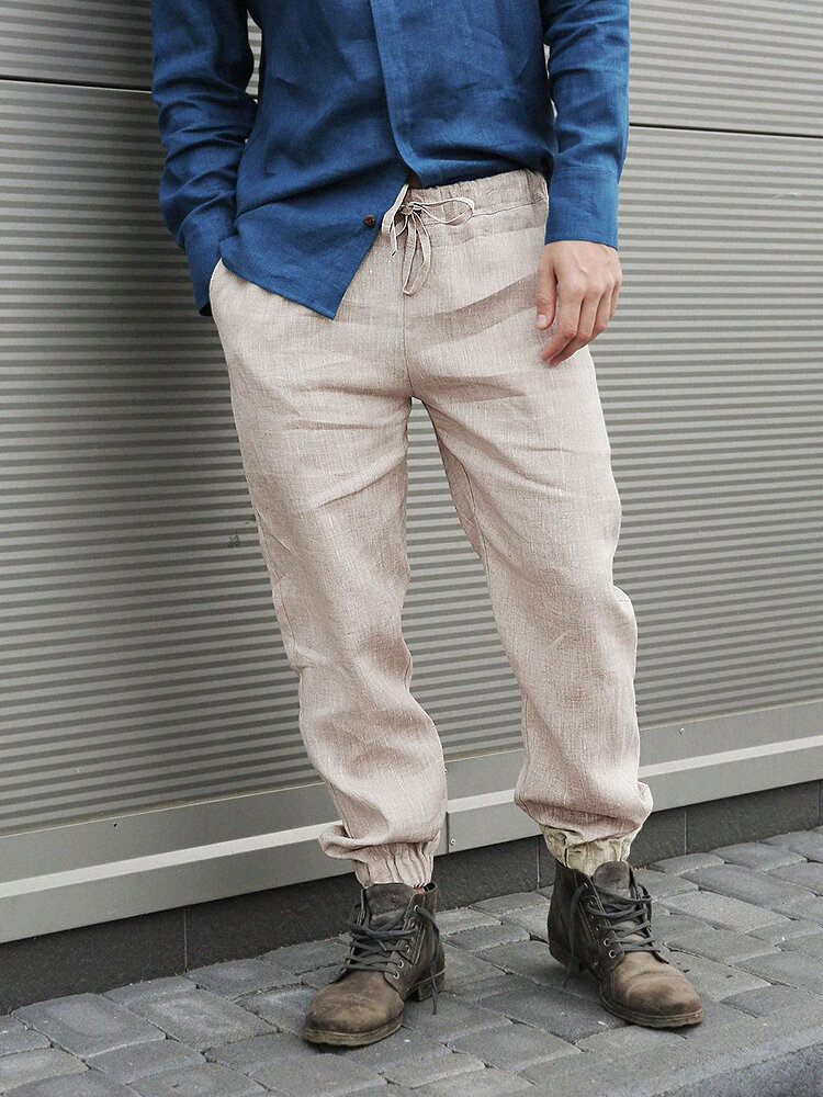 
	Mens 100% Cotton Solid Casual Drawstring Elastic Ankle Pants