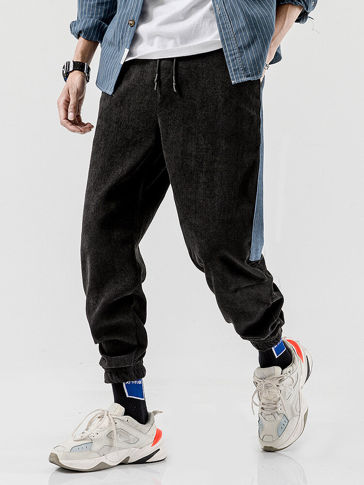 
	Mens Corduroy Contrast Side Stripe Casual Drawstring Elastic Ankle Pants