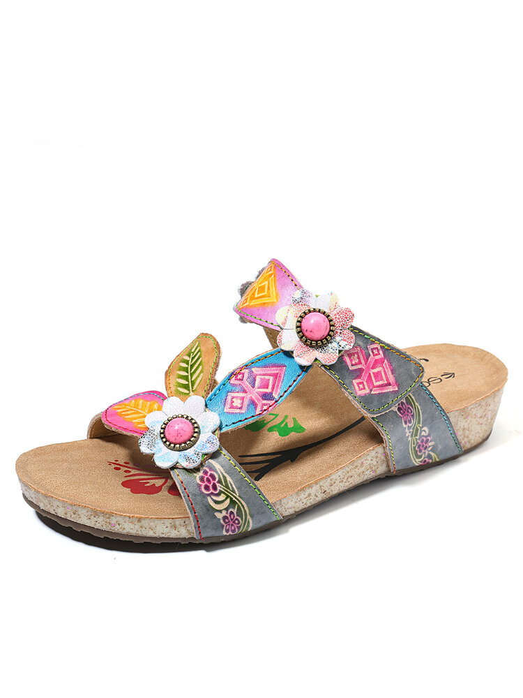 
	SOCOFY Hand Painted Genuine Leather Retro Gems Floral Pattern Hook Loop Comfortable Sandals
