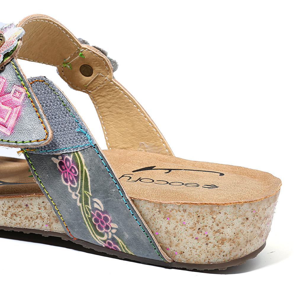 
	SOCOFY Hand Painted Genuine Leather Retro Gems Floral Pattern Hook Loop Comfortable Sandals