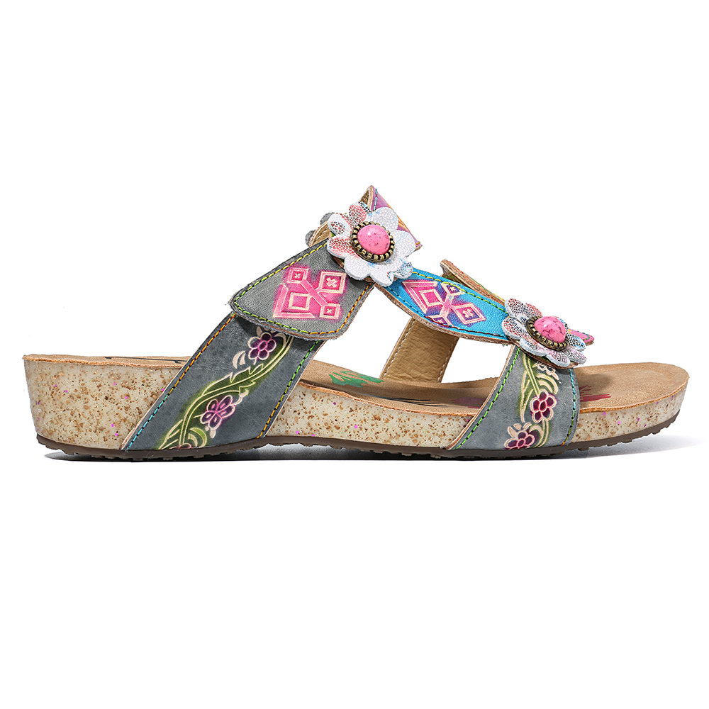 
	SOCOFY Hand Painted Genuine Leather Retro Gems Floral Pattern Hook Loop Comfortable Sandals