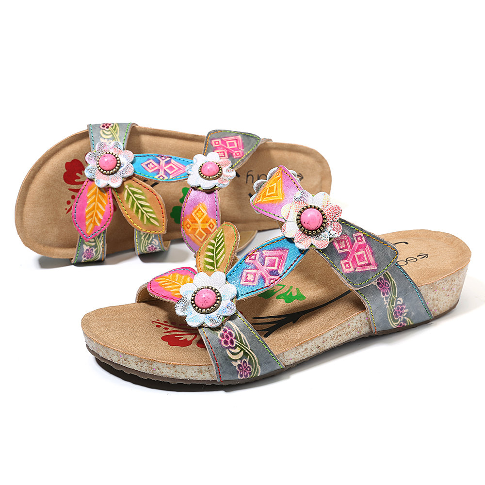
	SOCOFY Hand Painted Genuine Leather Retro Gems Floral Pattern Hook Loop Comfortable Sandals