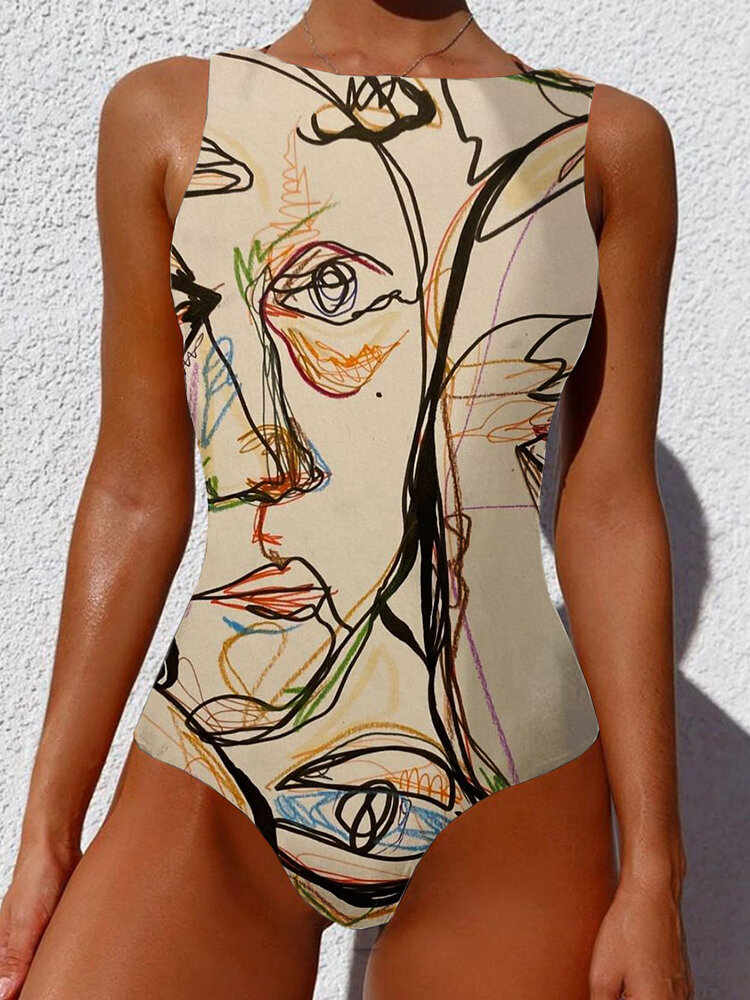 
	Women Graffiti Abstract Print Round Neck One Piece Sleevless Slimming Swimsuit