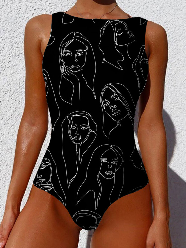 
	Women Graffiti Abstract Print Round Neck One Piece Sleevless Slimming Swimsuit