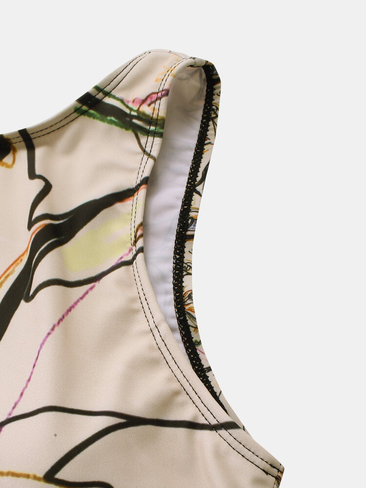 
	Women Graffiti Abstract Print Round Neck One Piece Sleevless Slimming Swimsuit