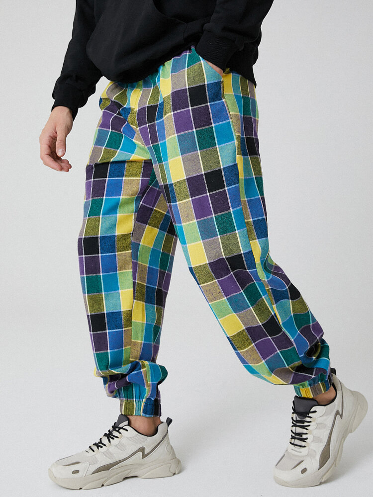 
	Mens 100% Cotton Colorful Check Casual Drawstring Jogger Pants With Pocket